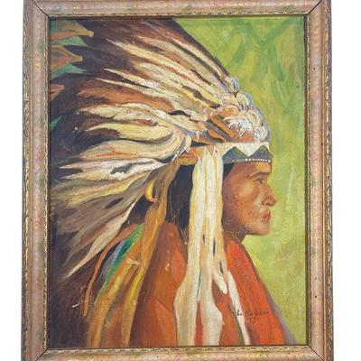 Vintage Oil on Board of Native American Chief