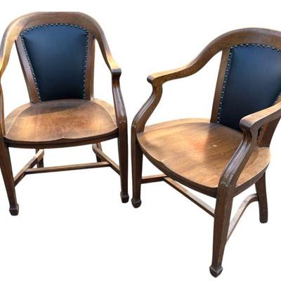 Two GLOBE-WERNICKE CO. Mahogany and Leather Nailhead Trim Railroad Station Chairs