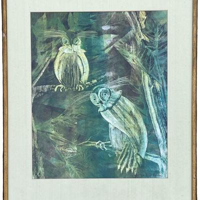 Mid Century Owl Acrylic on Canvas, Signed