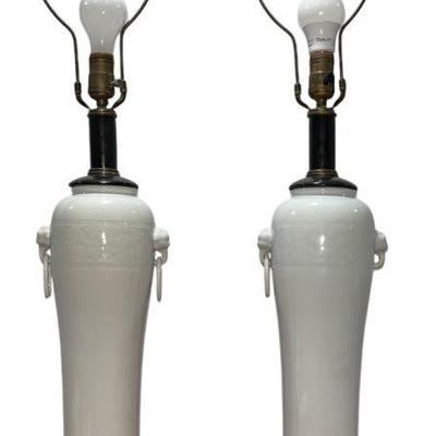 Chinese Blanc De Chine Porcelain Lamps w/ Foo Dog Handles, Pair