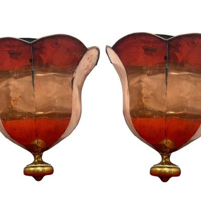 French Antique Copper Pleated Wall Pocket, Pair