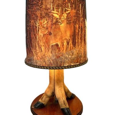 Vintage Deer Hoof Taxidermy Lamp with Scene Shade