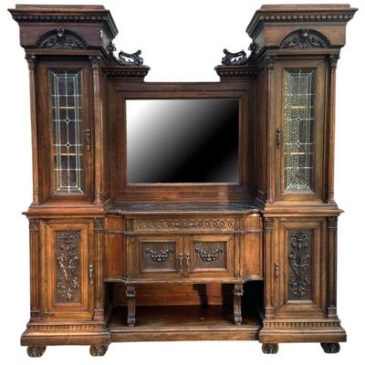 French Renaissance Revival Walnut Sideboard Hunt Cabinet