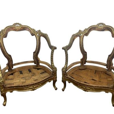 Louis XV Style French Giltwood Armchairs, Pai