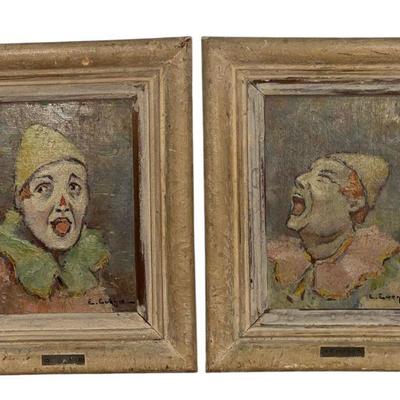 Two Signed EDOUARD JULES EVENO Clown Oil Portrait Paintings