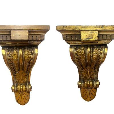 Vintage Gold Gilt Architectural Wall Shelves, Pair
