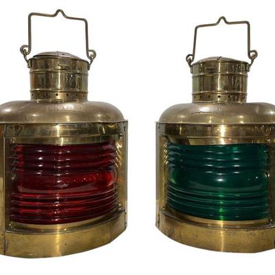 Vintage Brass Port & Starboard Ship Lanterns, Pair