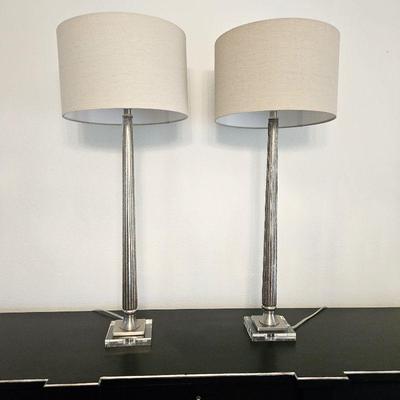  Set of Two Contemporary Glass & Metallic Tone Buffet Lamps - 38"T with Drum Shades