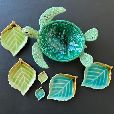 Ceramic Turtle Bowl and Maple Leaves 