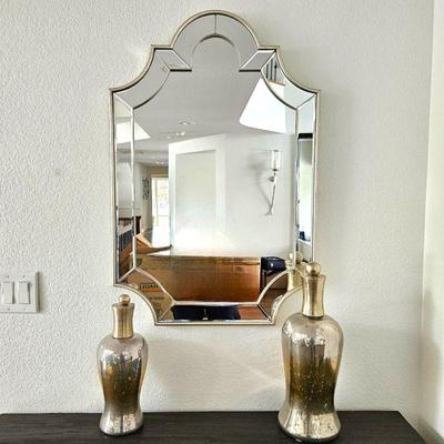  Pretty Wall Mirror w/ Metallic Painted Frame Plus Two Decorative Glass Jars with Metallic Metal Tops