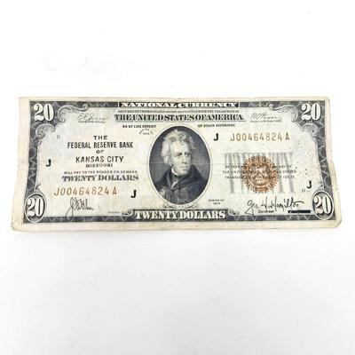 Lot #183 - 1929 $20 Bill From The Federal Reserve Bank of Kansas City, Missouri - Circulated