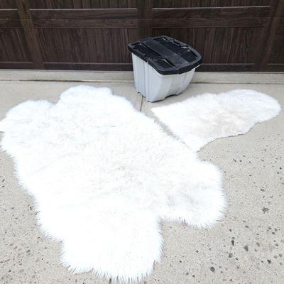 Two Faux Fur White Rugs plus 18 Gallon Suncast Stacking Storage Bin