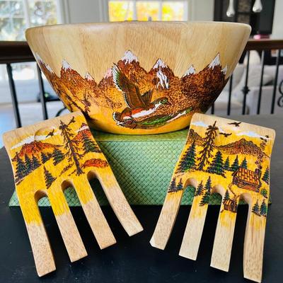 Hand carved salad bowl and tongs