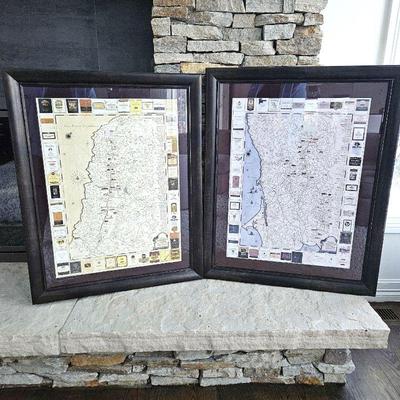 Wine Lover's Wall Art: Two Framed Map Prints from Wine County - Napa Valley & Sonoma with Vineyards Mapped