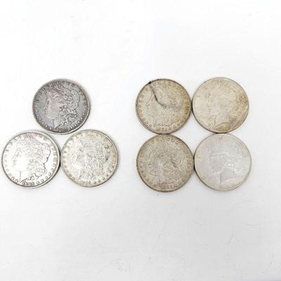  Antique Silver Dollar Coins - (5) Morgan Dollars & (2) 1922 Peace (1885, 1889, 1889-O, 1921, 1922) Circulated
