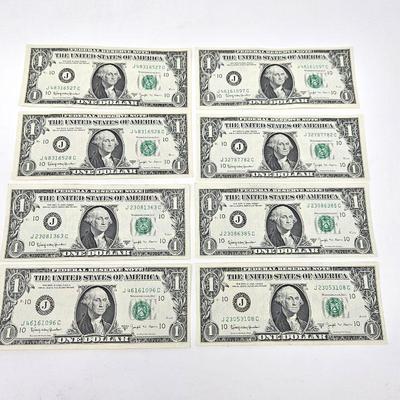Lot #182 - Lot of Eight (8) $1 Bills 1963 B Series JOSEPH W. BARR - Uncirculated - Kansas City - Coins / Paper Money