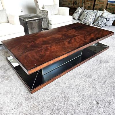 Unique Eye Catching Burled Wood Large Coffee Table with Mirrored Interior Under Top Level