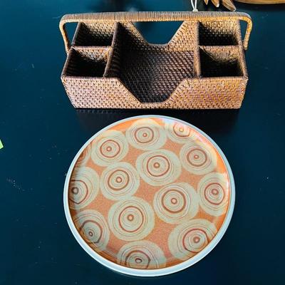  Denby "Fire Chilli" Round Serving Platter & Woven Silverware Caddy Lot