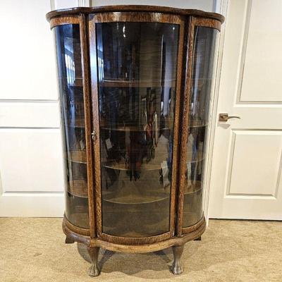  Antique Oak Display Cabinet with Bowed Glass Front and Door
