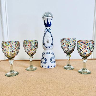 Hand blown confetti, pebble glasses with decanter