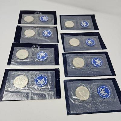  Lot of (8) Eisenhower Dollars 40% Silver - Uncirculated Half 1971 S & Half 1972 S in Original Envelope - Coins