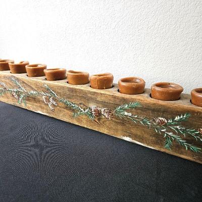Rustic Solid Wood LONG Candle Holder Hand Painted with Holiday Garland and Pinecones
