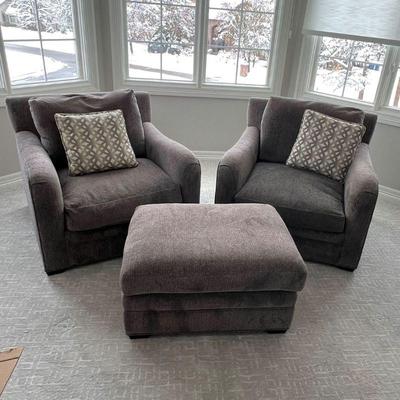 Three Piece Sitting Area Set, Two Upholstered Armchairs w/ Down Filled Cushions and Matching Ottoman