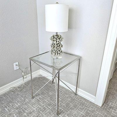 End Table and Lamp Set: Square Chrome and Glass End Table with Pretty Silver Painted Coral Lamp w/ Drum Shade