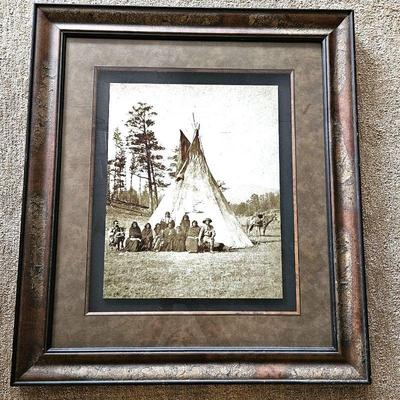 Native American Wall Art Enlarged Old Photo of Tribe Framed and Matted 30" x 34.5"