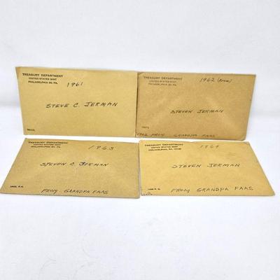 - Set of (4) Consecutive Years Uncirculated Coins 1961, 1962, 1963, 1964 - w/ Original UNOPENED Envelopes & Certificate