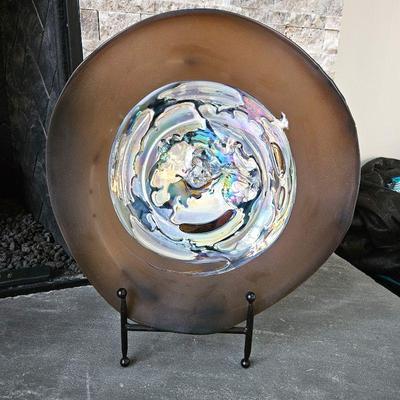 Brown & Mirrored Colored Modern Hand Blown Art Glass Platter 17.5" Diameter with Wavy Edge