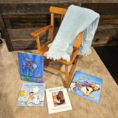  Child's Small Wooden Rocking Chair w/ Blue Knit Baby Blanket and Assorted Children's Books