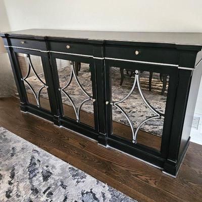Stunning Tall Buffet Table by Drexel Heritage - Black with Silver Painted Lines to Accent, Three Mirrored Cabinets