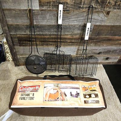 - Camping Lot: Coleman Bayside 8 People Family Tent Plus Three Char-Broil Roasting Baskets for Campfire Cooking