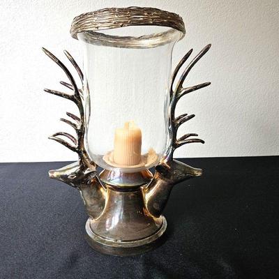  Stag Head Hurricane Lantern in Silverplate by Towle, Holds Pillar Candle - 14.5"T x 11"W