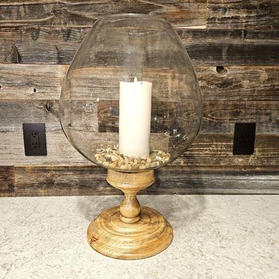 Giant Fishbowl Style Pillar Candle Holder in Wood Base - 23"T