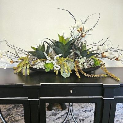 Large Long Dramatic Centerpiece or Hallway Decor in Boat-Like Silver Metal Base 34"L x 9"W x 21"H