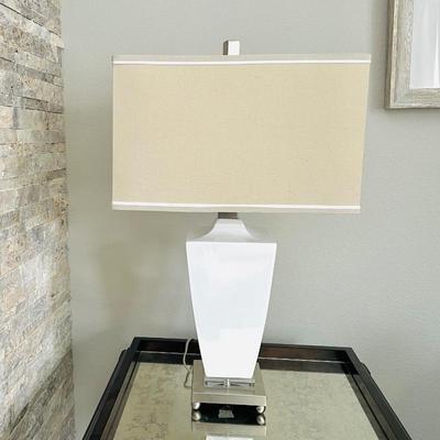 30" Stylish Modern Table Lamp - White Ceramic Base with Beige Shade.