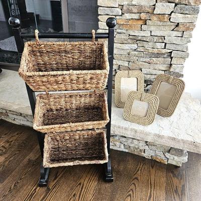 Wicker Lover's Lot: Set of Three Pier 1 Picture Frames with Rope Frame Plus 34" Tall Storage Unit w/ Three Baskets
