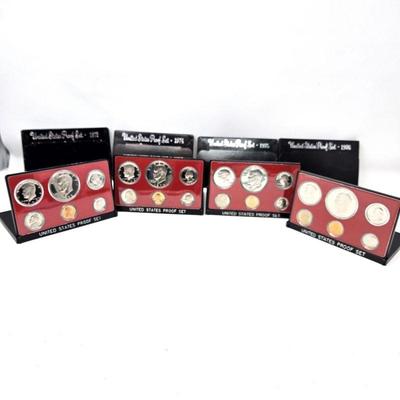 Set of (4) US Proof Sets of Coins 1973, 1974, 1975 & 1976 S - w/ Original Envelope, Built-in Display Stand 