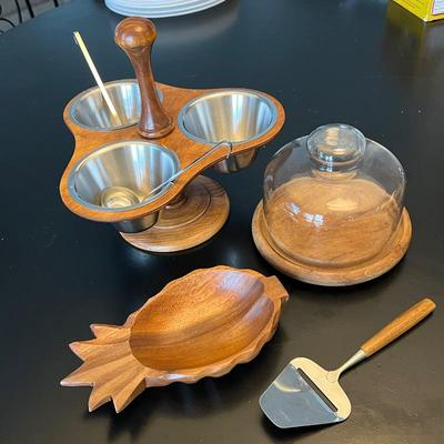 Teak and Stainless Steel Serving Set - Condiment Holder, Bowl, Cheese Dish & Knife