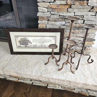 Set of Four Primitive Cast Iron Candle Holders Plus Framed Quote on Living Life by Bonnie L. Mohr