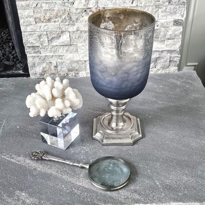  Lot of Decor: 13" Tall Silver Tone Candle Holder - Coral and Crystal Piece & Vtg Look Silver Magnifying Glass