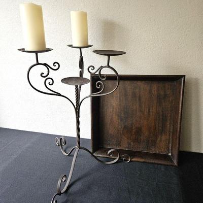 Tall Iron Pillar Candle Holder Plus Heavy Wood Serving Tray