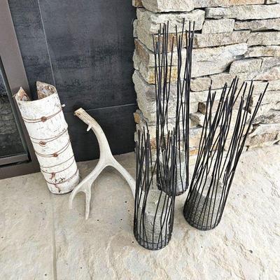 Outdoor Mountain Type Decor: 14" Antler, Set of Three Twig Look Candle Holders & Birch Bark Vase