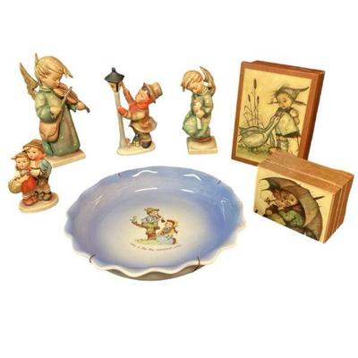 LYZE544 Collection Of Hummel Figurines And Music Boxes	Handpainted plate in the style of Hummel. 2 music boxes, one is 4x3x2.5", the...