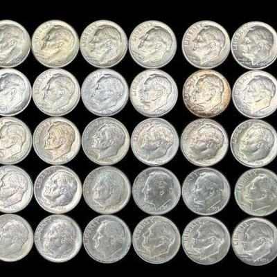 ALSH904 50 Roosevelt Silver Dimes From 1957-1960	50 Roosevelt dimes, 90% silver
