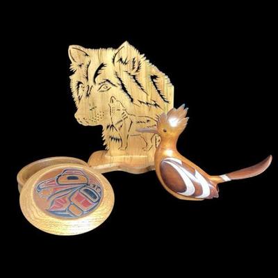ROMO514 Signed Steven C Evans Native American Art Bowl & More	Lidded wooden dish with tooled, painted, leather insert, named "...