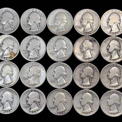 ALSH908 An Asssortment Of 20 1930’s Washington Quarters Of Various Dates And Mints	An assortment of 20 Washington quarters of various...