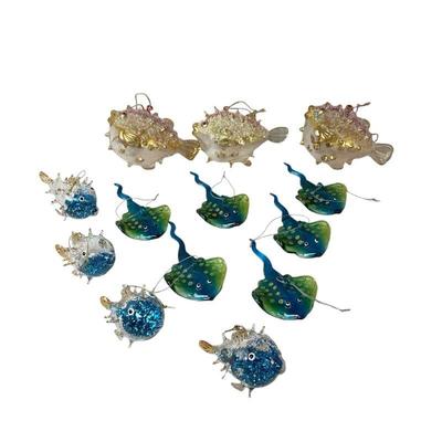 KAAR505 Pier One And Pottery Barn Handblown Glass Ornaments	Four Pier One blue glitter-filled blowfish; three Pottery Barn sequin and...